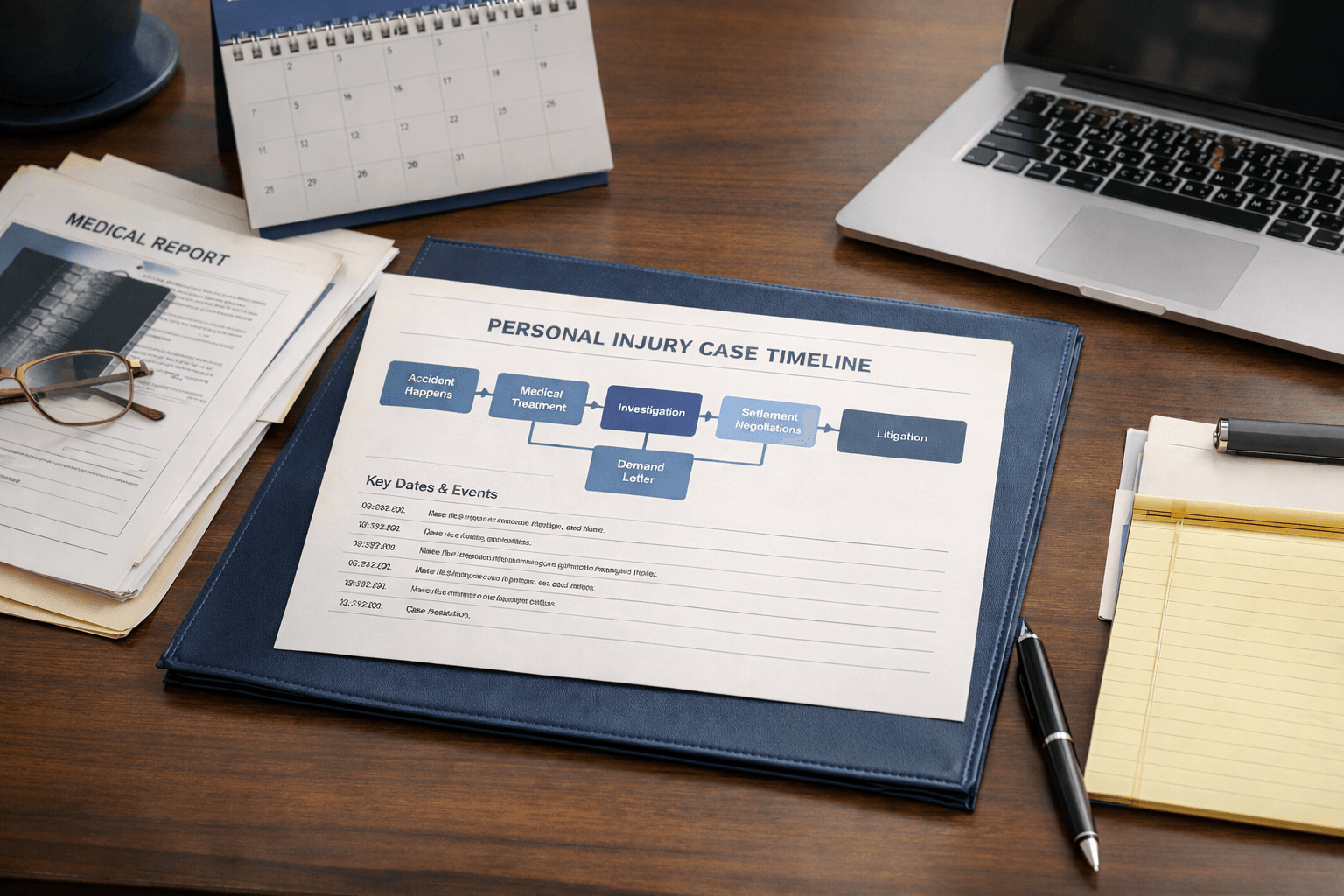 Personal injury case timeline documents being reviewed on a desk
