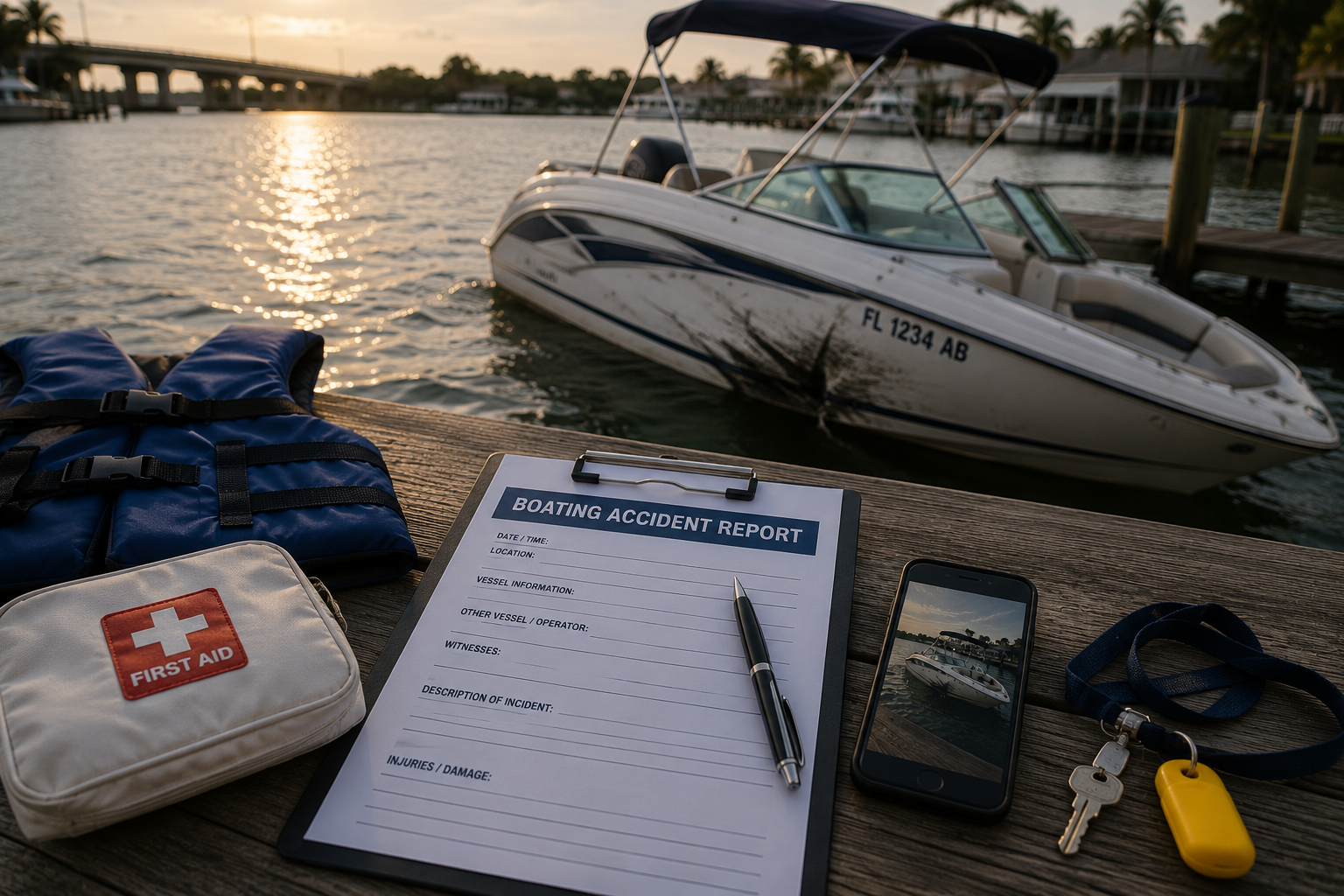 Damaged boat and emergency response after a Florida boating accident