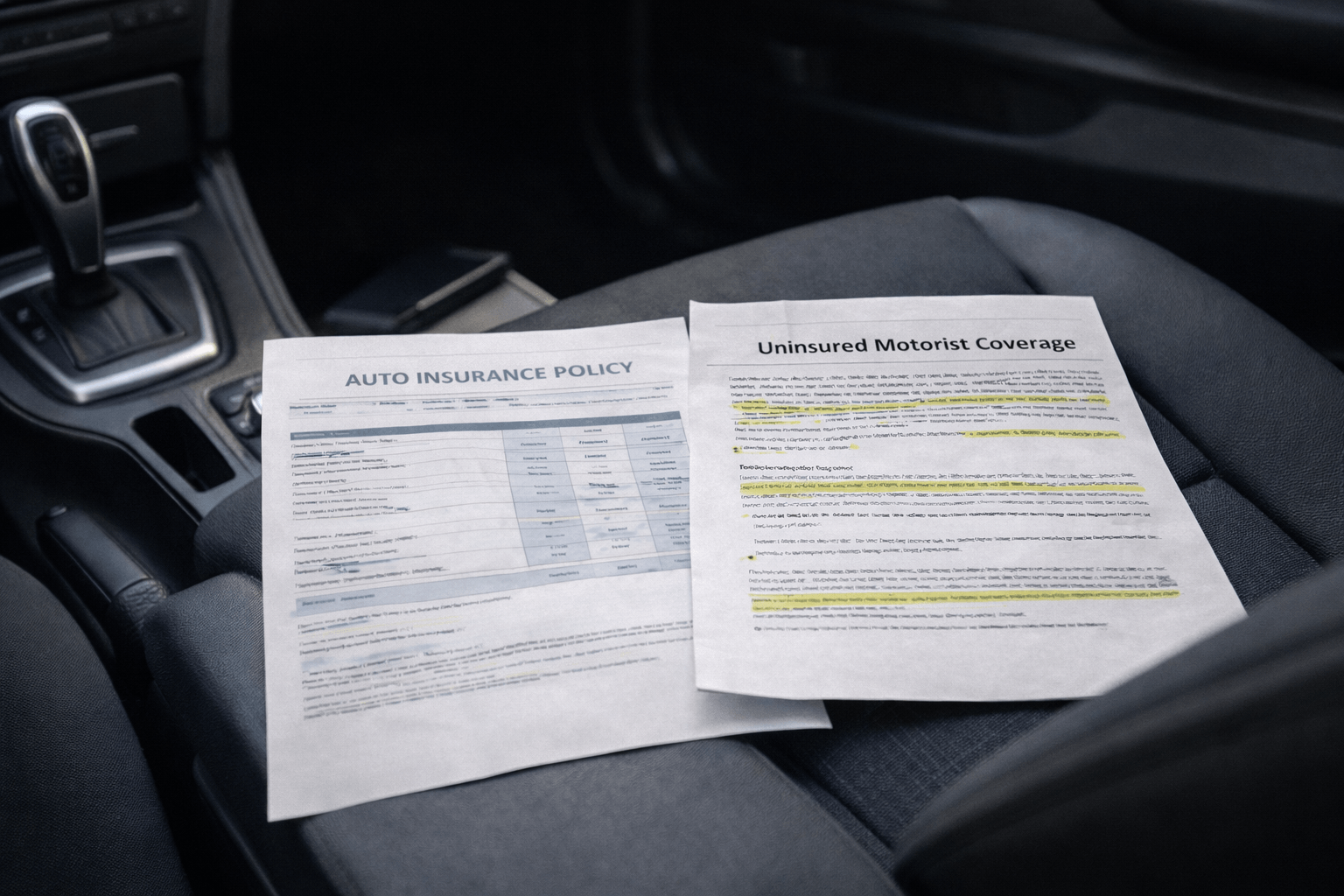 Auto insurance policy documents placed on a passenger seat inside a car